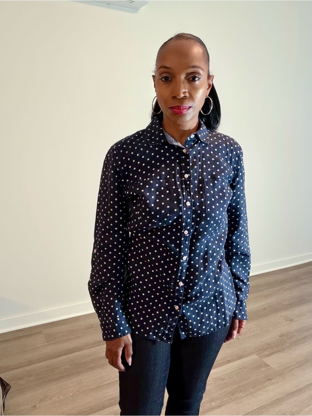 Talbots Navy Blue Polka Dot Button-Up Shirt